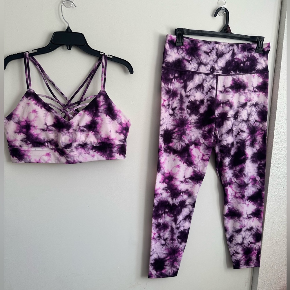JoyLab Purple Tie-Dye High-Waist Leggings & Strappy Sports Bra Set